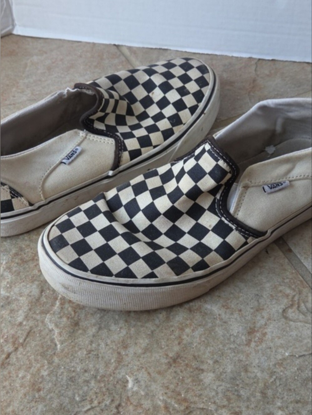 Vans Black and White Checkered Slip-Ons 9.5 Grunge Thrashed